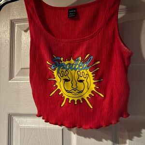 SHEIN Red Ribbed Crop Tank with Yellow Sun Graphic and Blue Script